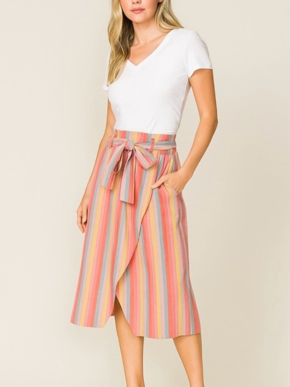 Moon River Striped Tie-Waist Midi Skirt in Pastel Multi